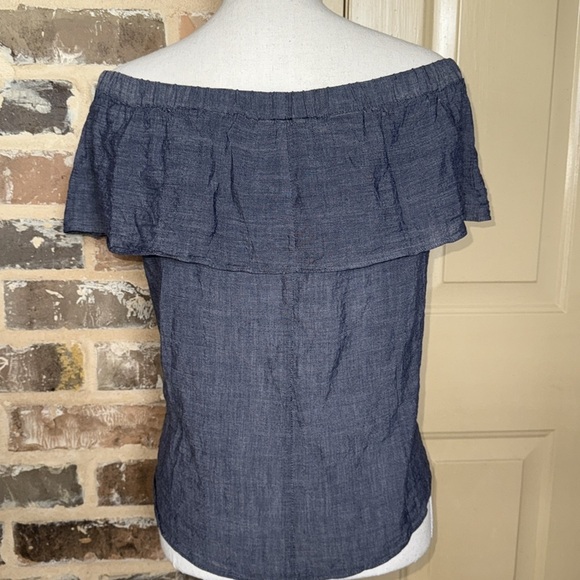 Naked Zebra Chambray Peasant Off-Shoulder Swing Top Ruffle & Tie Detail Sz Large - Picture 4 of 12